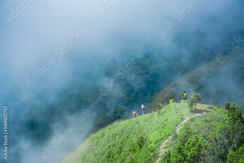 Hikers exploring misty mountain trail scenic hills adventure journey nature environment elevated perspective outdoor exploration photo