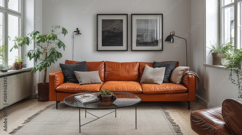 Fototapeta premium Stylish living room with orange leather sofa, coffee table, plants, and artwork.