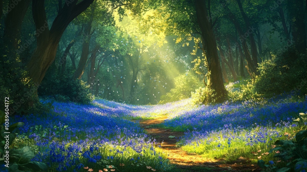 Fototapeta premium Sunlit Path Through Bluebell Forest