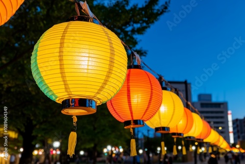 Akita traditional Kanto Festival with lantern poles swaying against a twilight sky photo