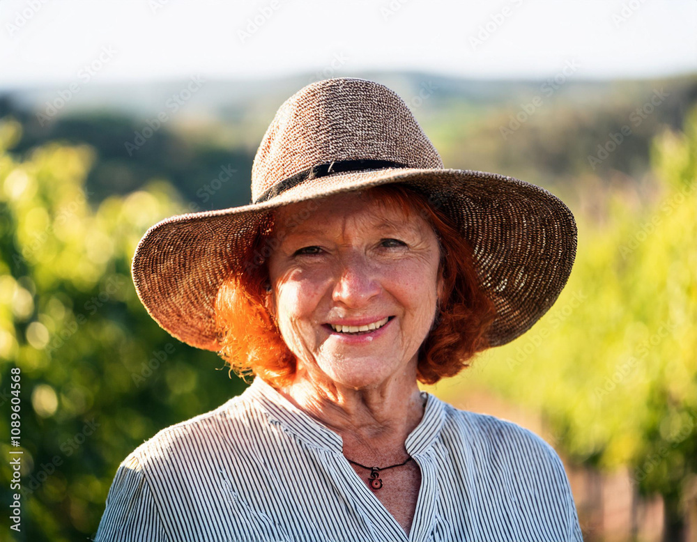 Naklejka premium Happy Tourist Woman in Vineyard Smiling