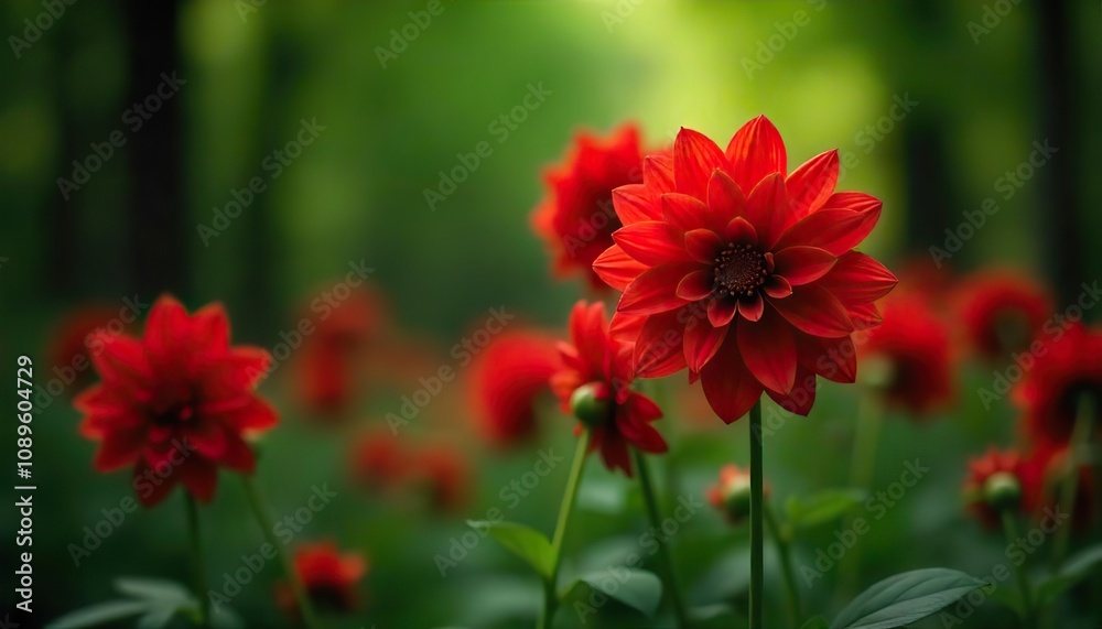 Vivid red dahlias against a deep green forest, with a soft blur in the background Vivid red dahlias against a deep green forest, with a soft blur in the background