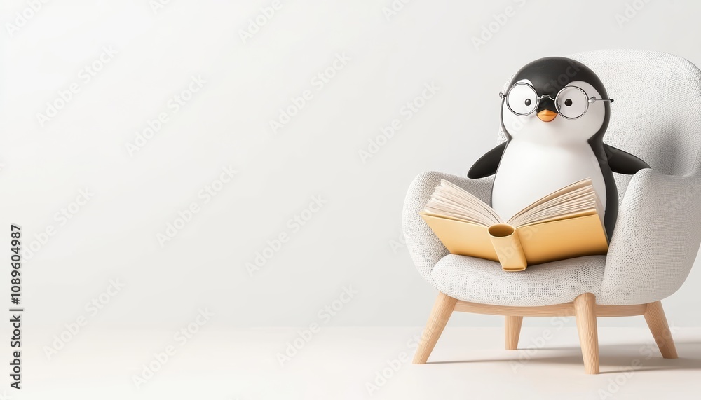 Obraz premium A cute penguin character wearing glasses sits comfortably in a cozy chair, reading a book. Ideal for whimsical, educational, and children's media.