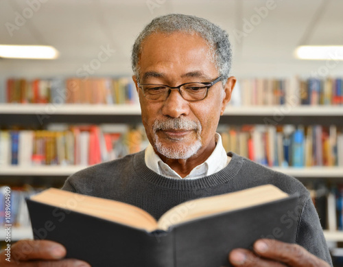 Senior Man Reading a Book in Library