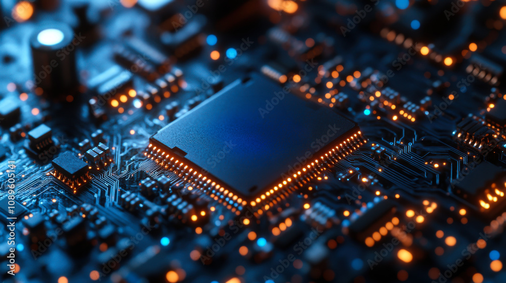Intricate blue microchip surrounded by glowing circuits on a computer motherboard at close range Intricate blue microchip surrounded by glowing circuits on a computer motherboard at close range
