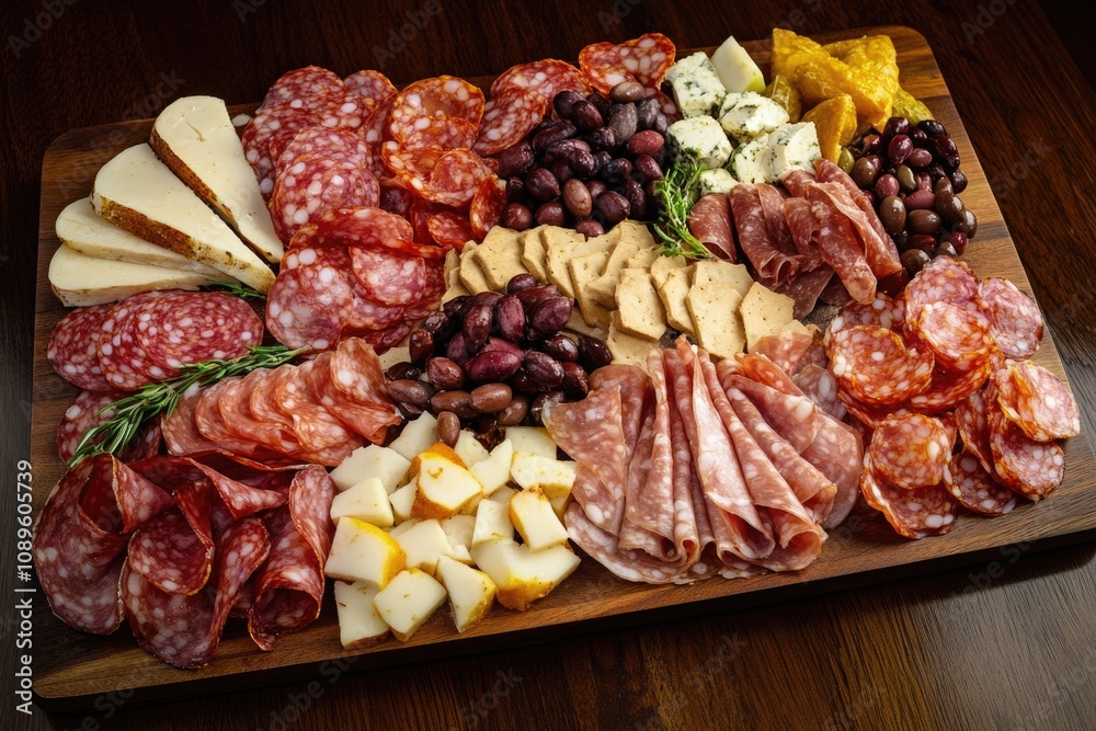 A selection of meats, cheeses, and olives arranged on a platter A selection of meats, cheeses, and olives arranged on a platter