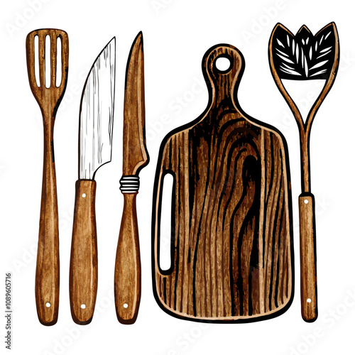 Watercolor cooking tool set wooden utensils vector illustration (6)