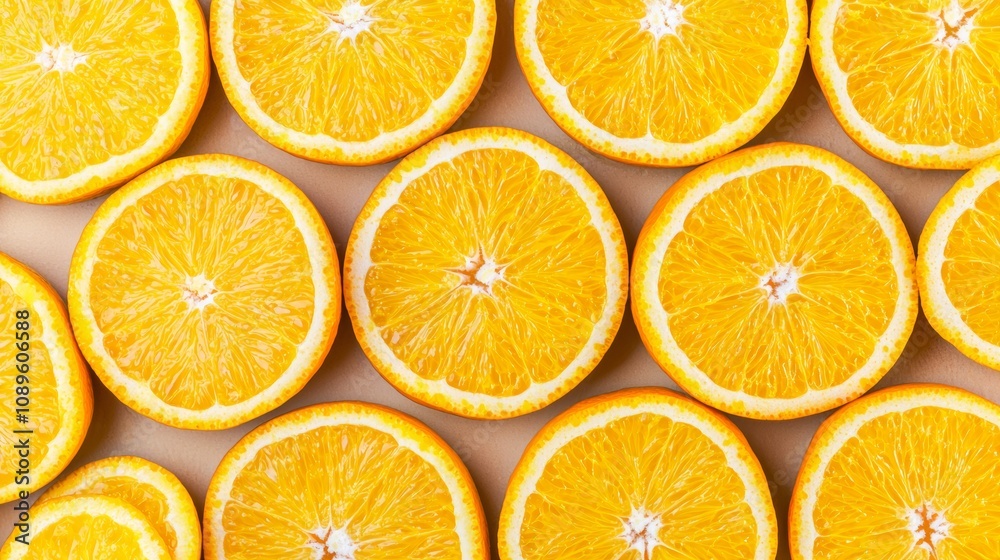 Top view of many orange slices on beige background. Top view of many orange slices on beige background.