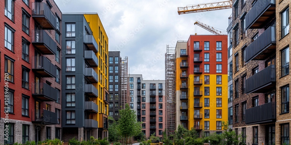 Fototapeta premium Modern apartment buildings showcase vibrant colors and contemporary design. An urban landscape emphasizes style and functionality. Perfect for real estate or architecture projects. AI