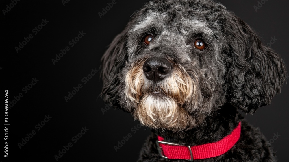 Close-up portrait of a fluffy gray and black dog wearing a red collar against a black background. Close-up portrait of a fluffy gray and black dog wearing a red collar against a black background.