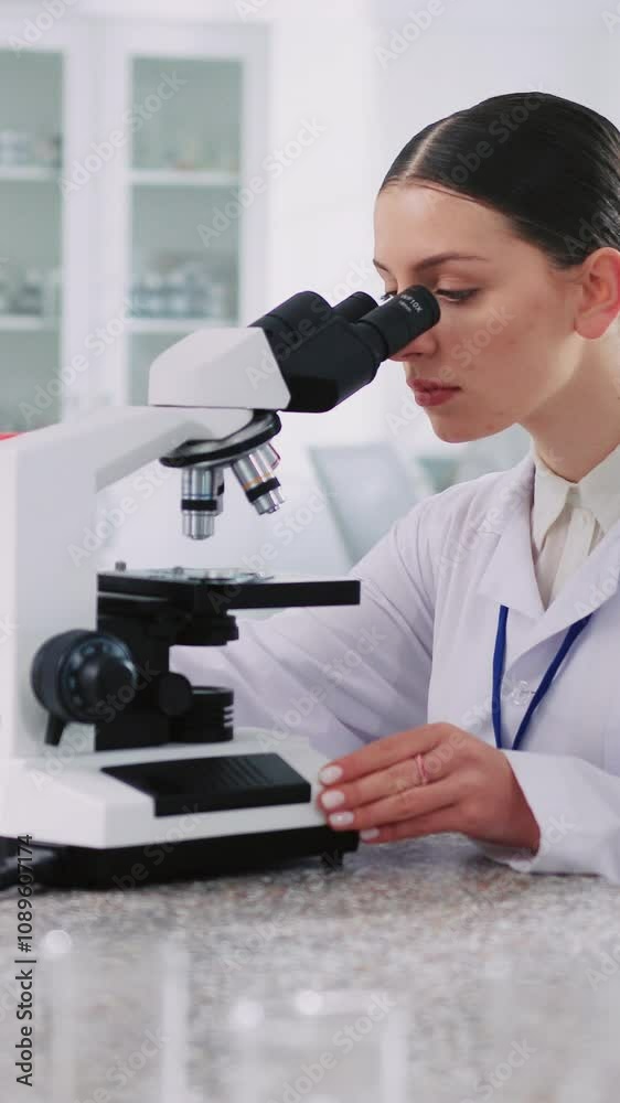 Shot of focused female research scientist in lab coat working in white modern laboratory. Good-looking Caucasian young woman looking through microscope. Medical equipment. Pharmaceutical technology Shot of focused female research scientist in lab coat working in white modern laboratory. Good-looking Caucasian young woman looking through microscope. Medical equipment. Pharmaceutical technology