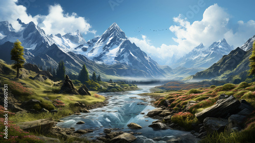 A fantasy art painting of mountain with a lake