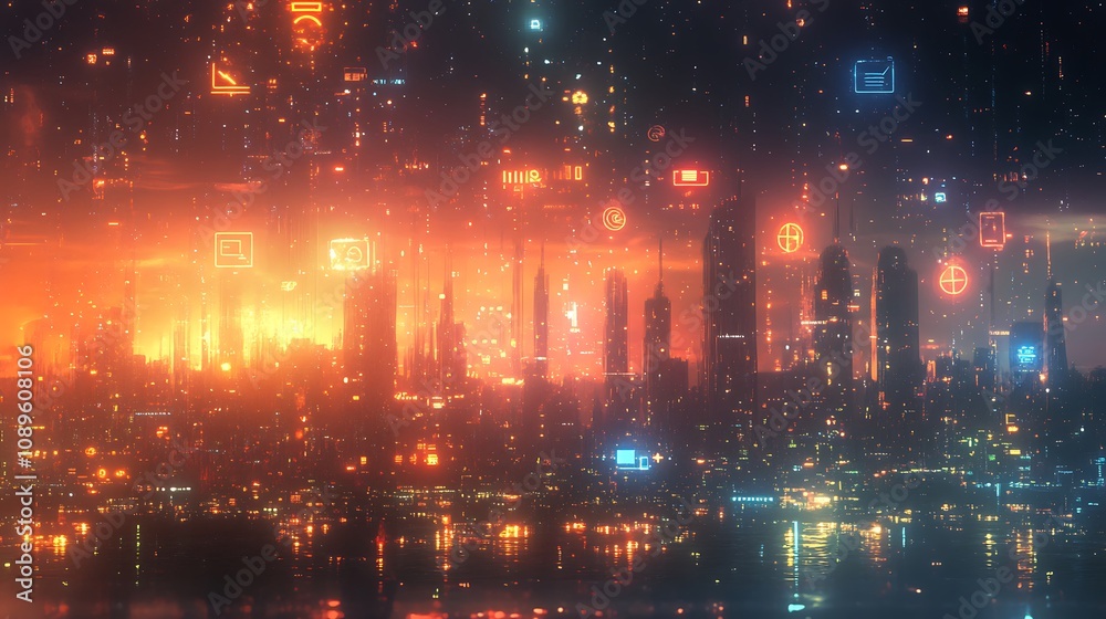 Abstract glowing business symbols floating over a digital cityscape Abstract glowing business symbols floating over a digital cityscape