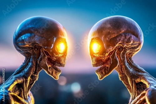 Alien communicating telepathically with a human, their glowing auras intersecting in a dark room photo