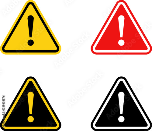 Warning Dangerous attention icon set, danger symbol, Warning icon. Yellow, Red caution warn in eps or png. Warning sign with exclamation mark vector.