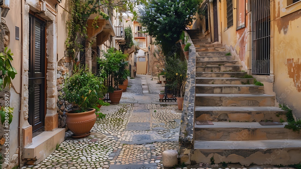 Obraz premium A serene cobblestone alleyway with stairs, adorned by lush plants and charming architecture.