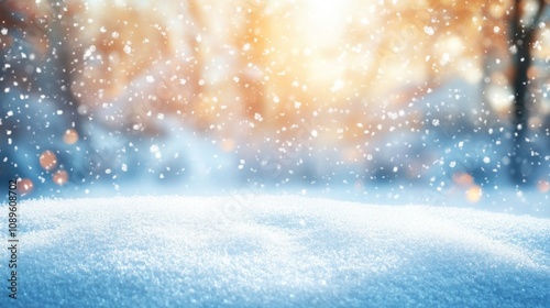 Winter Snow Scene With Falling Snowflakes And Sunlight