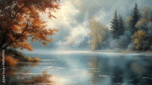 Autumnal Reflections On A Misty Lake Scene