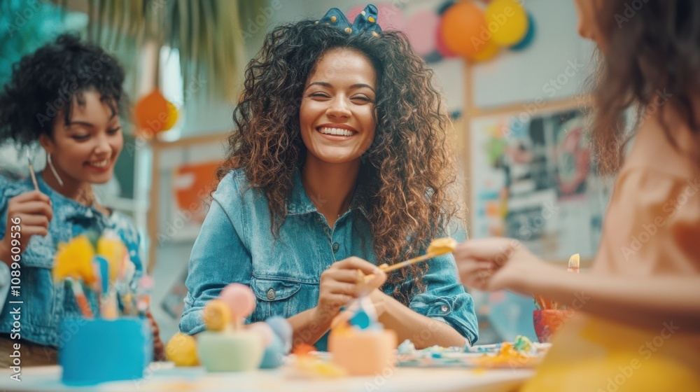 © Iuliia Metkalova - Joyful Creative Workshop with Happy Multiracial Women Friends in a Vibrant Studio Setting. Generative ai
