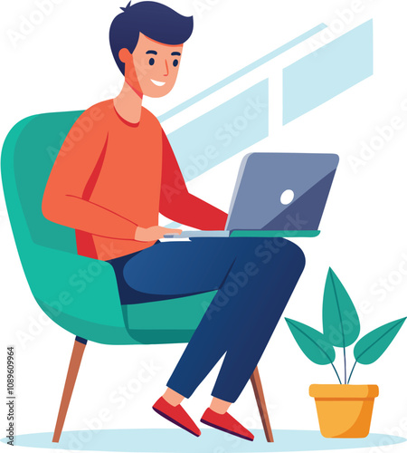 a boy is using his laptop vector