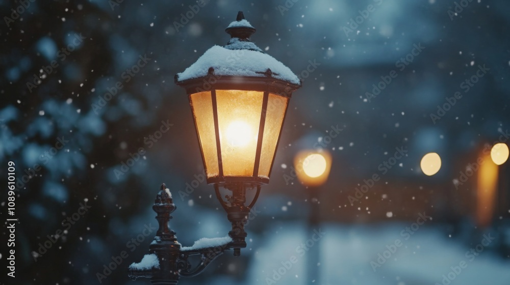 Snow Covered Lamp Post Glowing Warmly In Winter Snow Covered Lamp Post Glowing Warmly In Winter