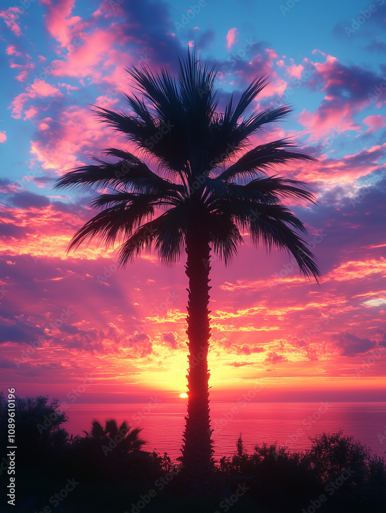 A single palm tree standing against a vibrant sunset sky. A single palm tree standing against a vibrant sunset sky.