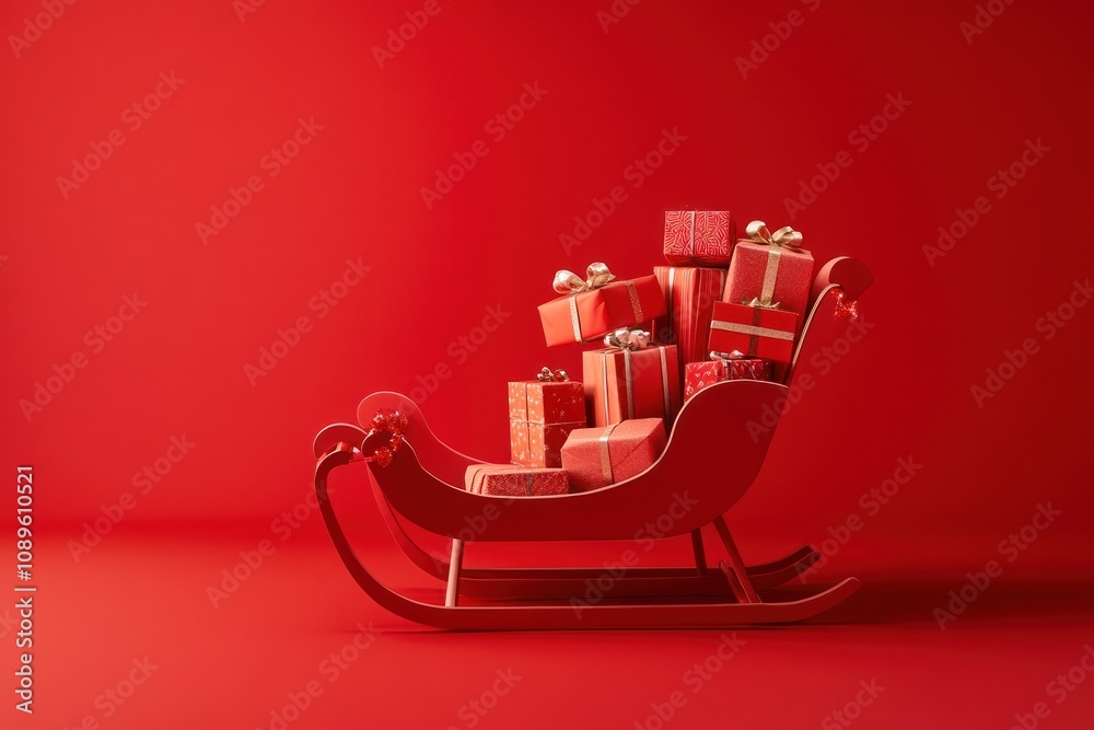 Naklejka premium Minimalistic red sleigh carrying neatly stacked gifts