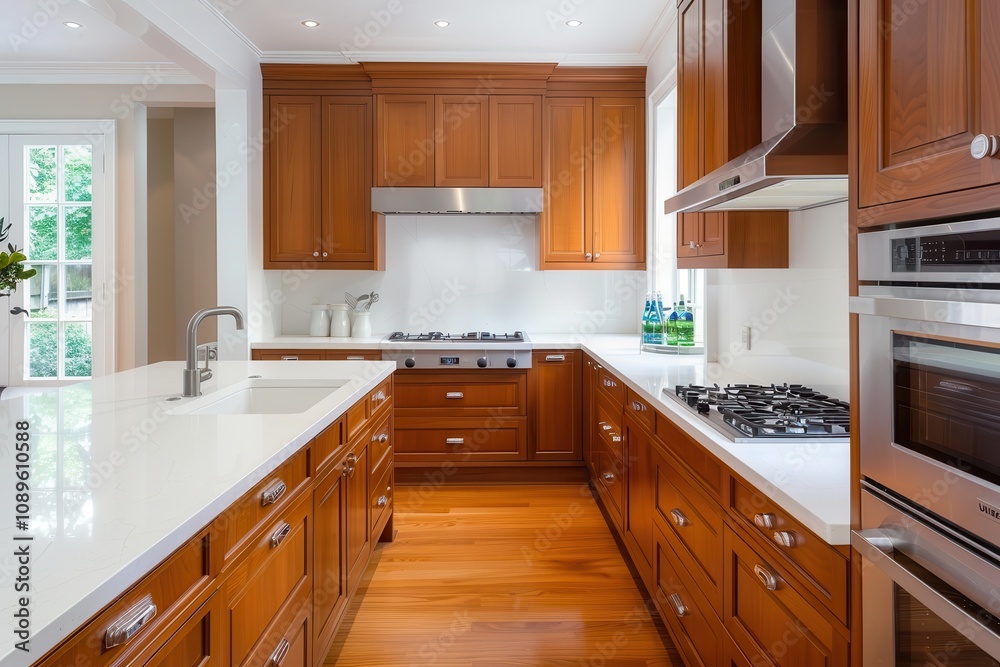 climate change typhoon and rainfall. Modern kitchen with wooden cabinets and appliances