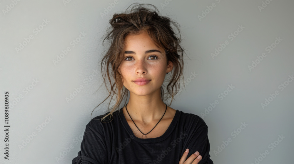 Photorealistic portrait of an attractive woman with arms crossed in front of a white background. Photorealistic portrait of an attractive woman with arms crossed in front of a white background.