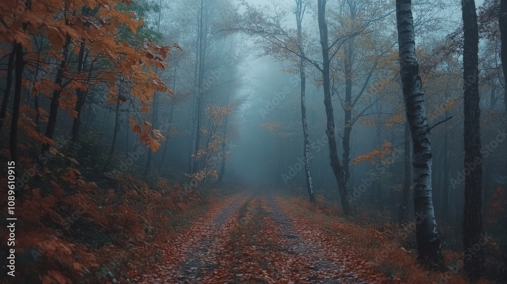 Fototapeta premium Misty Autumn Forest Path Autumnal Colors