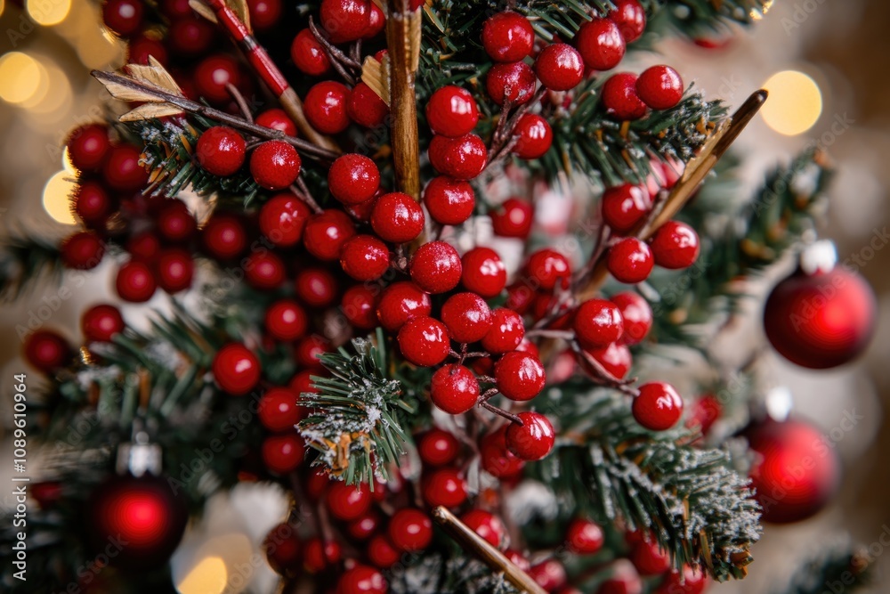 A detailed view of a decorated Christmas tree featuring bright red berries, perfect for holiday cards or festive designs A detailed view of a decorated Christmas tree featuring bright red berries, perfect for holiday cards or festive designs