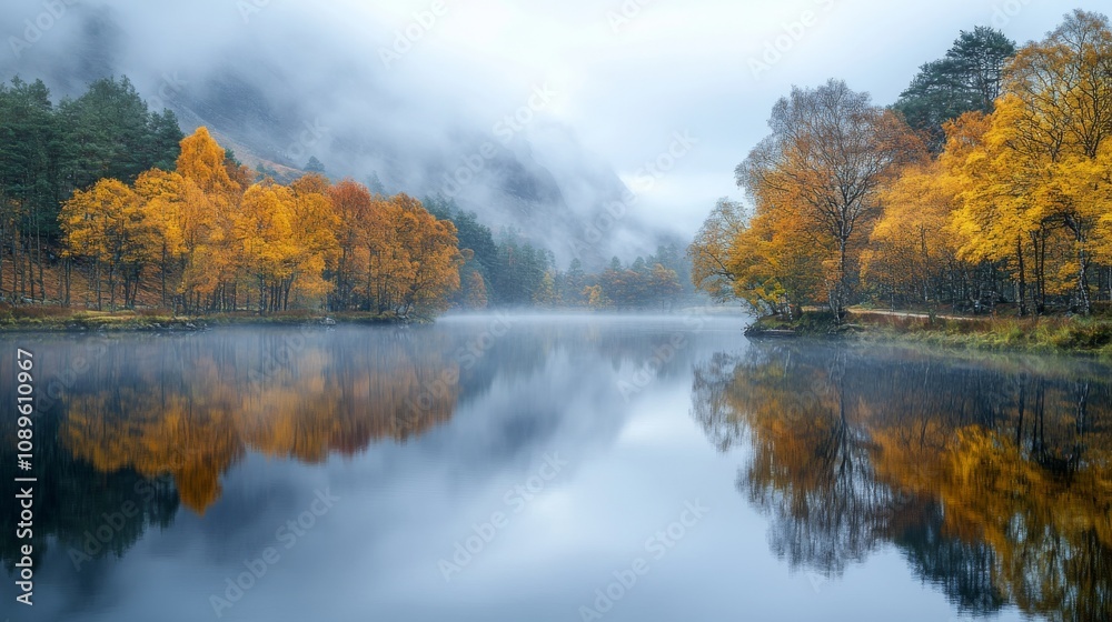 Fototapeta premium Autumnal Reflections In A Misty Mountain Lake