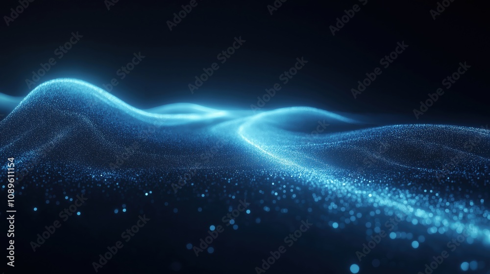 A mesmerizing abstract image of glowing blue waves and particles against a dark background. A mesmerizing abstract image of glowing blue waves and particles against a dark background.