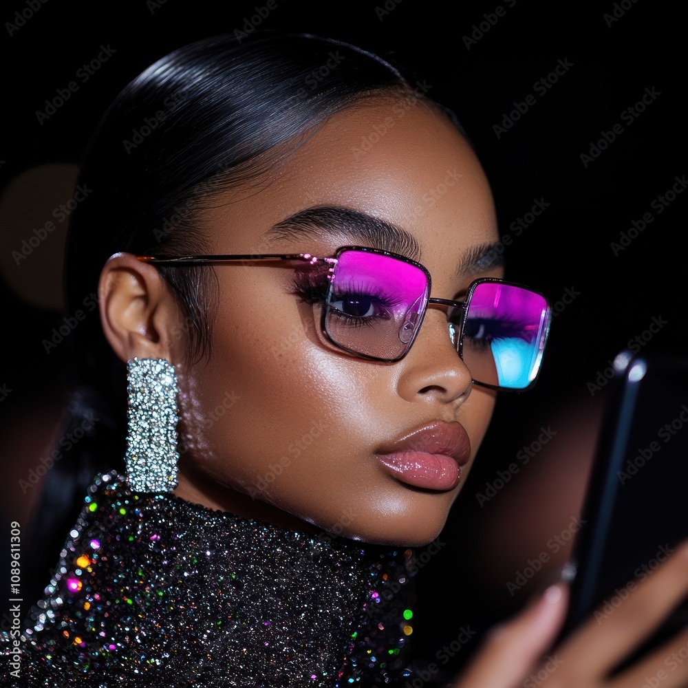 Glamorous woman with reflective sunglasses at night.