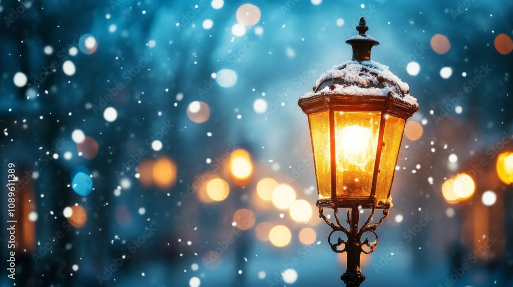 Snow Covered Lamp Post Glows Brightly In Winter Night Snow Covered Lamp Post Glows Brightly In Winter Night