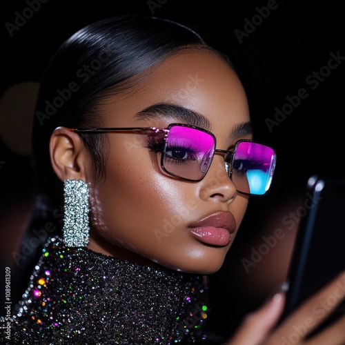 Obraz na płótnie Glamorous woman with reflective sunglasses at night. w salonie