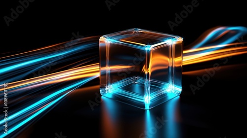 A transparent glass cube illuminated by vibrant blue and orange light trails against a dark background.