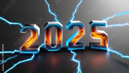 Fiery 2025! A dynamic 3D rendering of the year 2025, ablaze with inner fire and surrounded by electric blue energy. A powerful image representing the future.