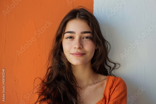 A woman with long brown hair wearing an orange shirt, suitable for lifestyle or editorial use