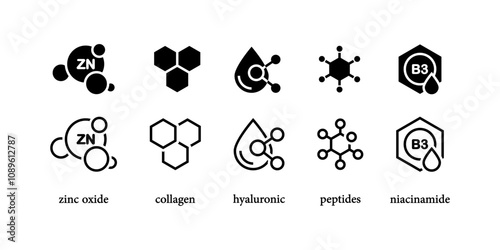 Organic cosmetic line icons set. Organic skin care components or labels. Zinc Oxide icon. Collagen, Hyaluronic, Peptides, and Niacinamide.