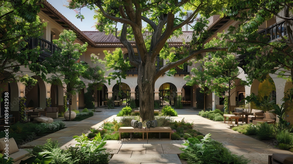 climate change typhoon and rainfall. Serene courtyard with lush greenery climate change typhoon and rainfall. Serene courtyard with lush greenery