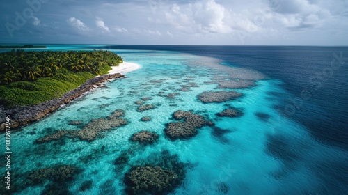 Aerial view of a tropical island in the middle of the ocean, perfect for travel or adventure themed projects photo