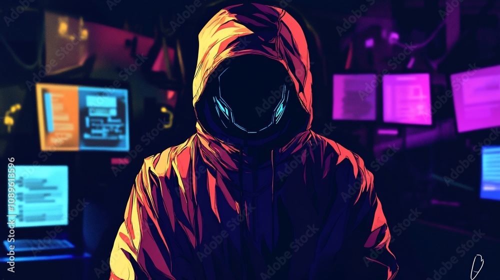 Anonymous hooded figure in dimly lit room with multiple computer screens displaying code. Anonymous hooded figure in dimly lit room with multiple computer screens displaying code.