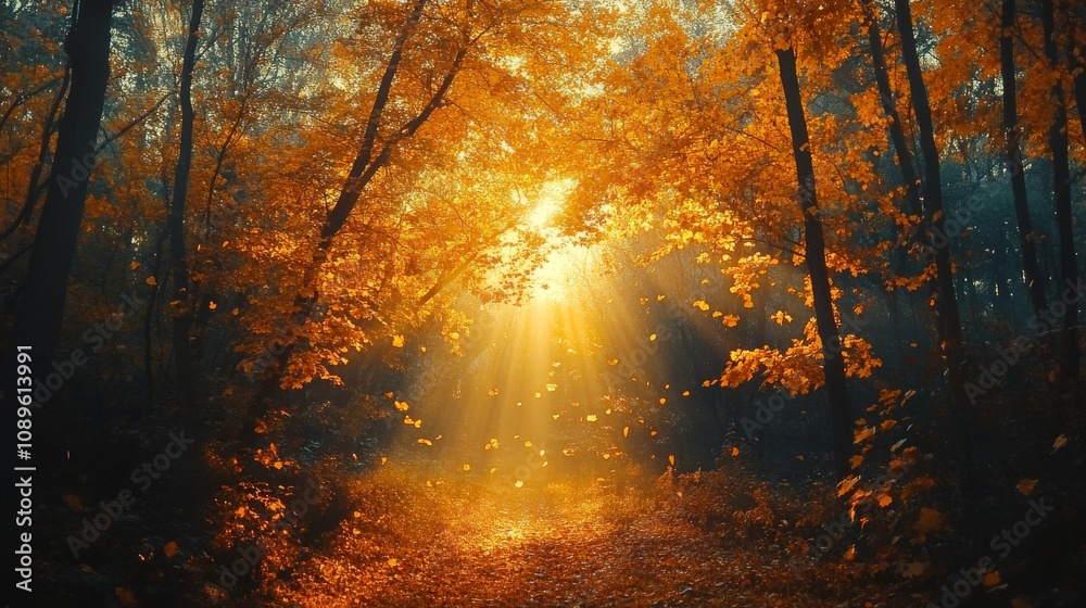 Golden Autumn Sunlight Illuminates Forest Path With Falling Leaves Golden Autumn Sunlight Illuminates Forest Path With Falling Leaves