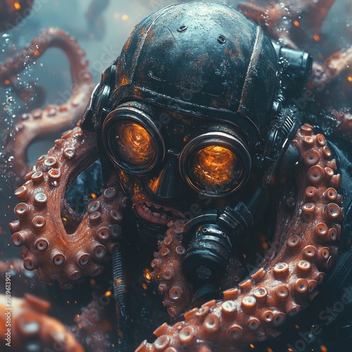 A diver with an octopus, featuring glowing eyes and a gas mask in an underwater scene. photo