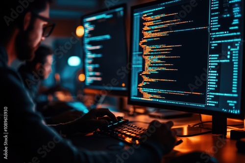 A person sits in front of two computer monitors with keyboards and mouse, focused on work photo