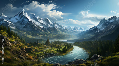 A fantasy art painting of mountain with a lake