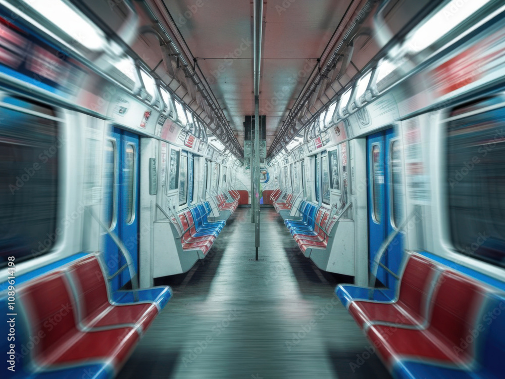 Interior de un tren subterráneo de movimiento rápido en movimiento con asientos vacíos
