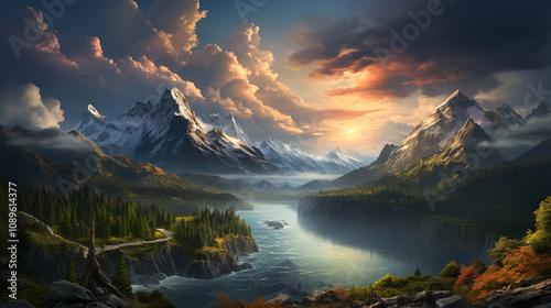 A fantasy art painting of mountain with a lake