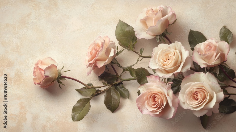 Pastel colored roses arranged on a soft beige background, generative ai Pastel colored roses arranged on a soft beige background, generative ai